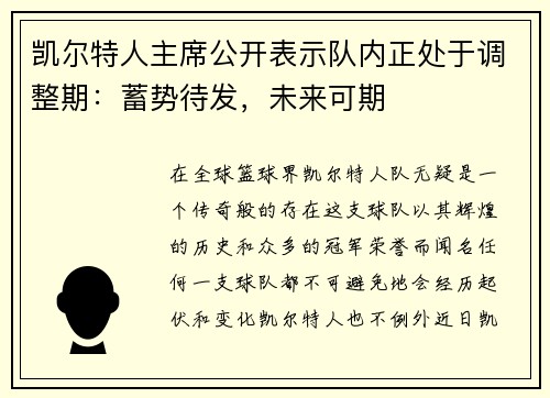 凯尔特人主席公开表示队内正处于调整期：蓄势待发，未来可期